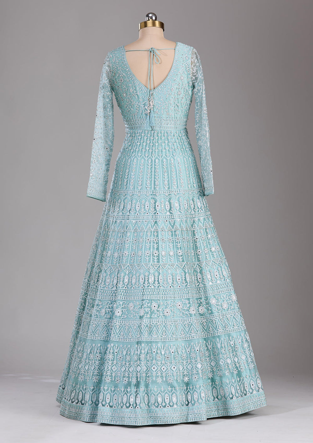 Sky Blue Silver Stonework Net Readymade Lehenga-Koskii