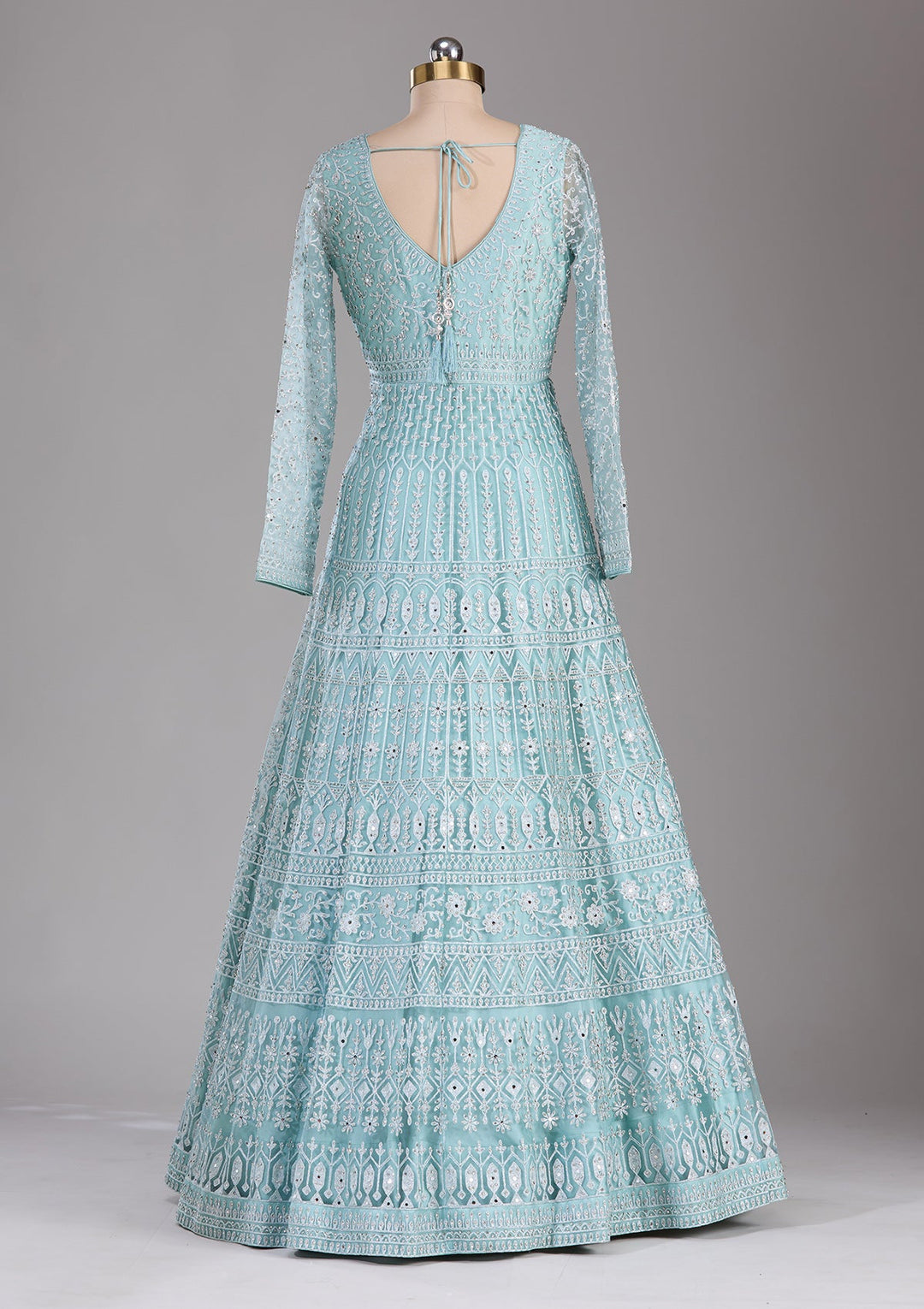 Sky Blue Silver Stonework Net Readymade Lehenga-Koskii