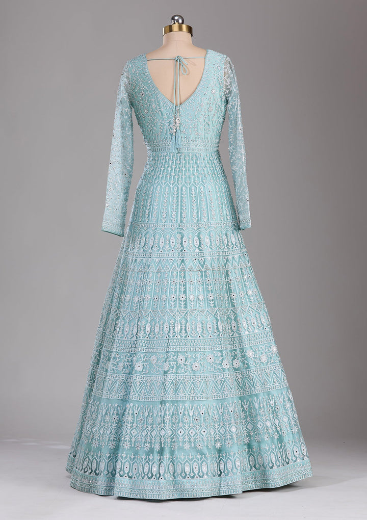 Sky Blue Silver Stonework Net Readymade Lehenga-Koskii