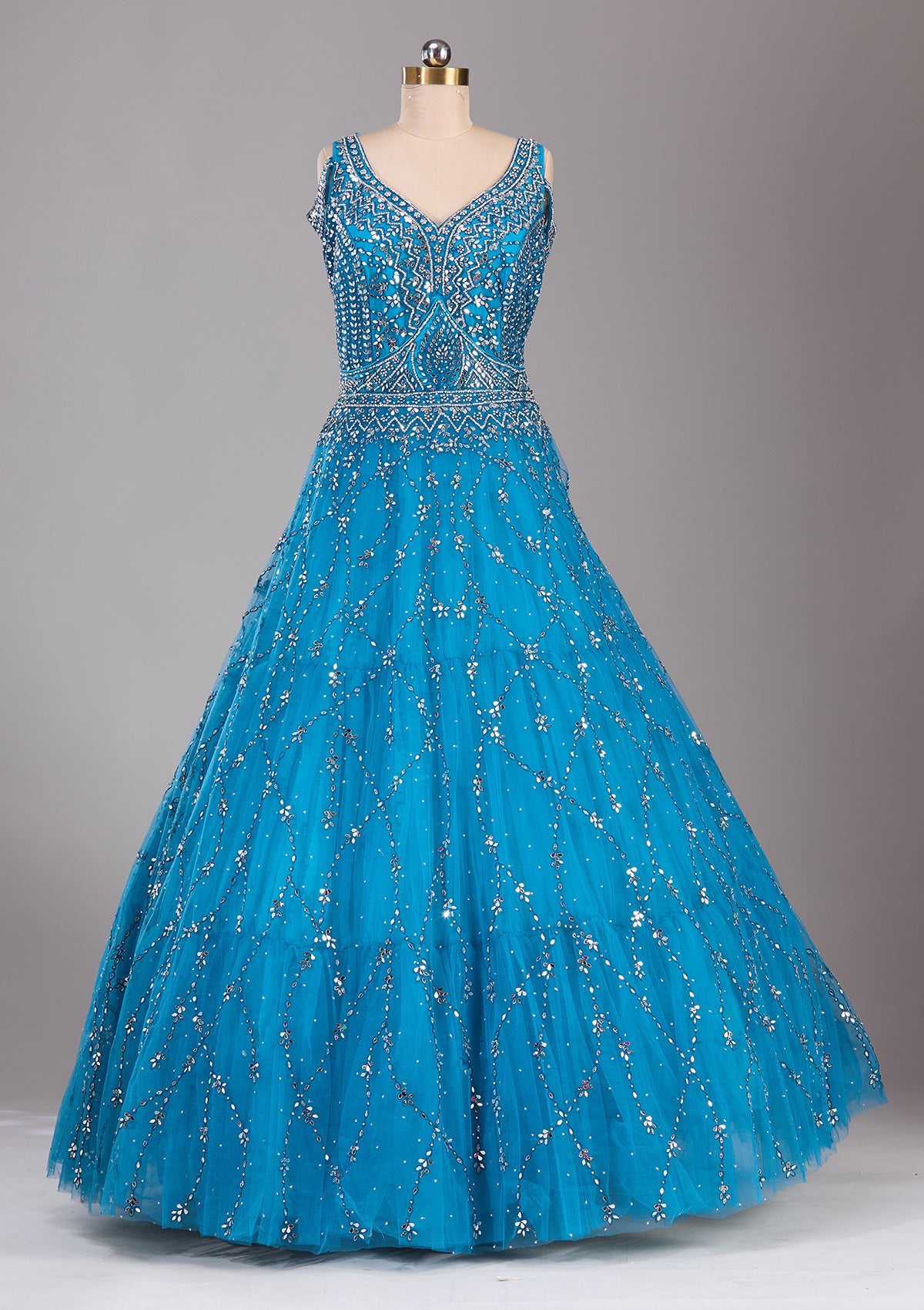 Peacock Blue Silver Stonework Net Readymade Lehenga-Koskii