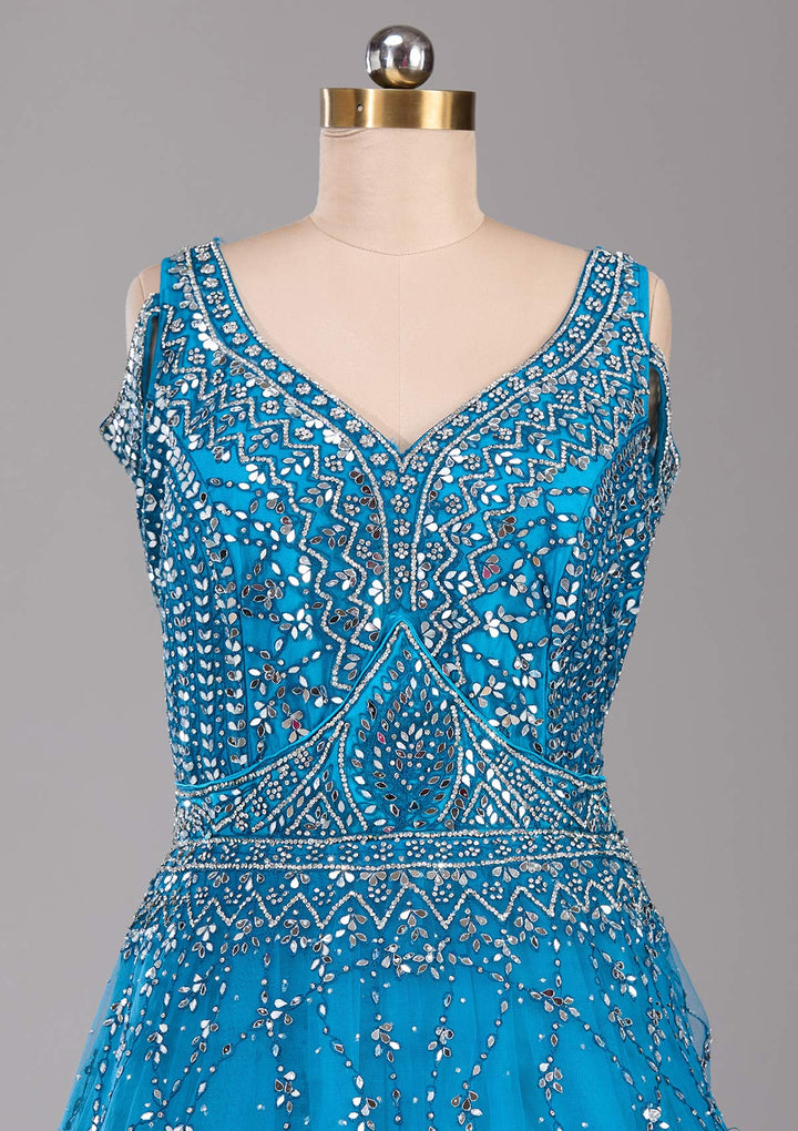 Peacock Blue Silver Stonework Net Readymade Lehenga-Koskii