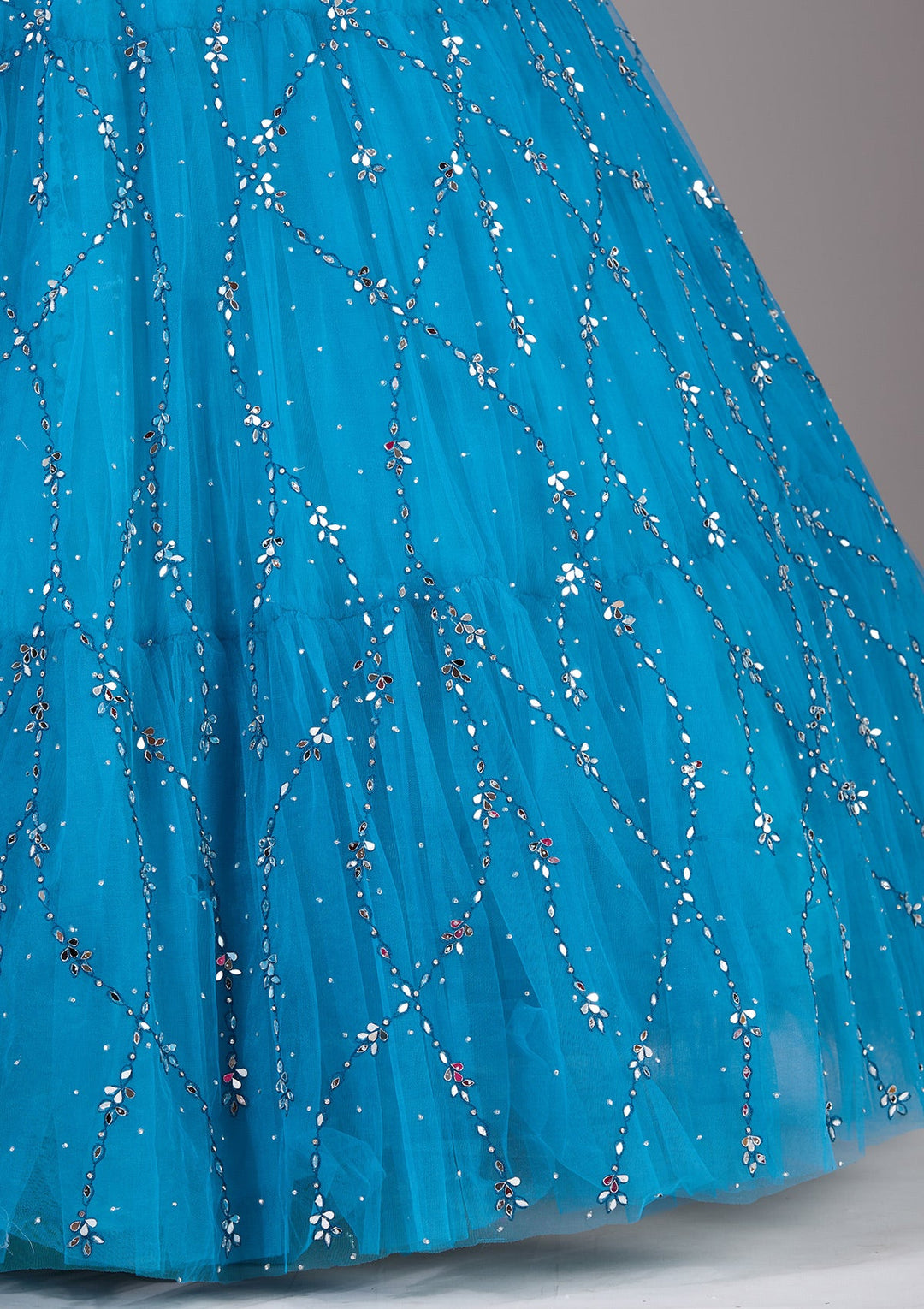 Peacock Blue Silver Stonework Net Readymade Lehenga-Koskii
