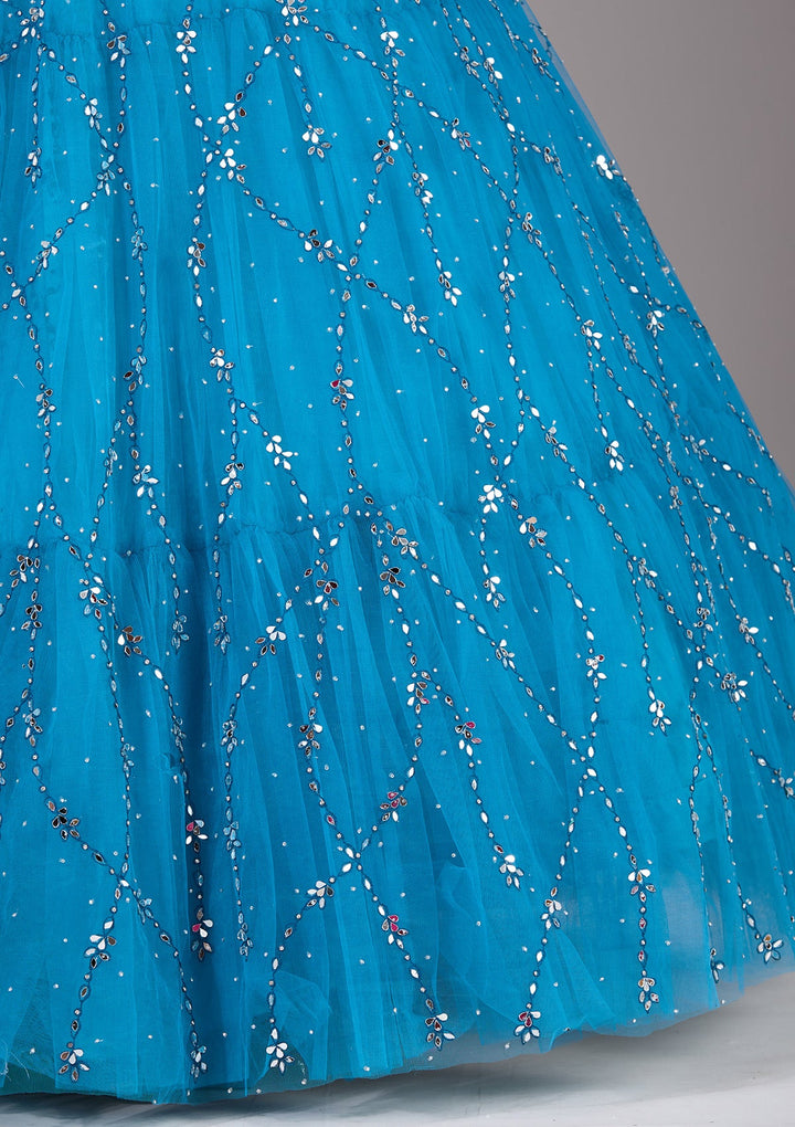 Peacock Blue Silver Stonework Net Readymade Lehenga-Koskii
