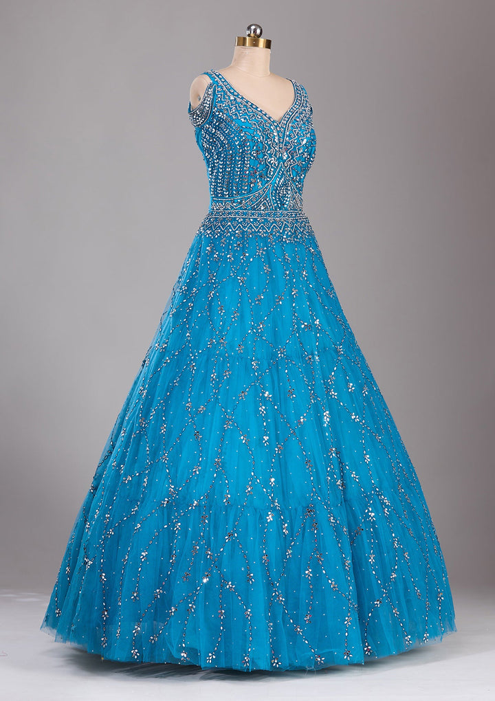 Peacock Blue Silver Stonework Net Readymade Lehenga-Koskii