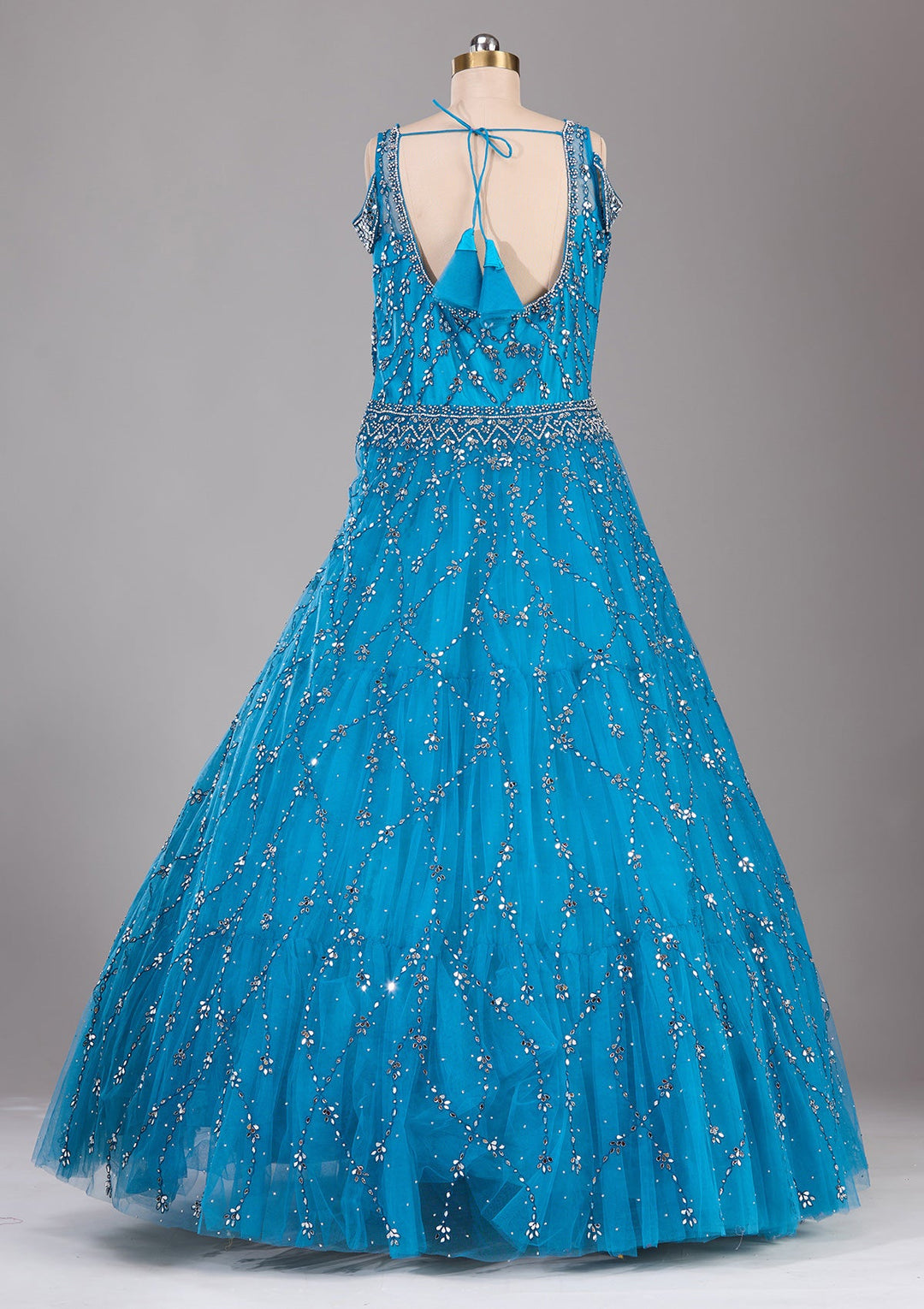 Peacock Blue Silver Stonework Net Readymade Lehenga-Koskii