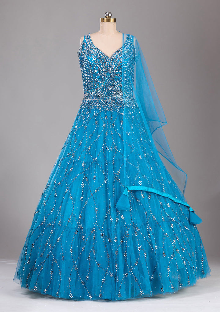 Peacock Blue Silver Stonework Net Readymade Lehenga-Koskii