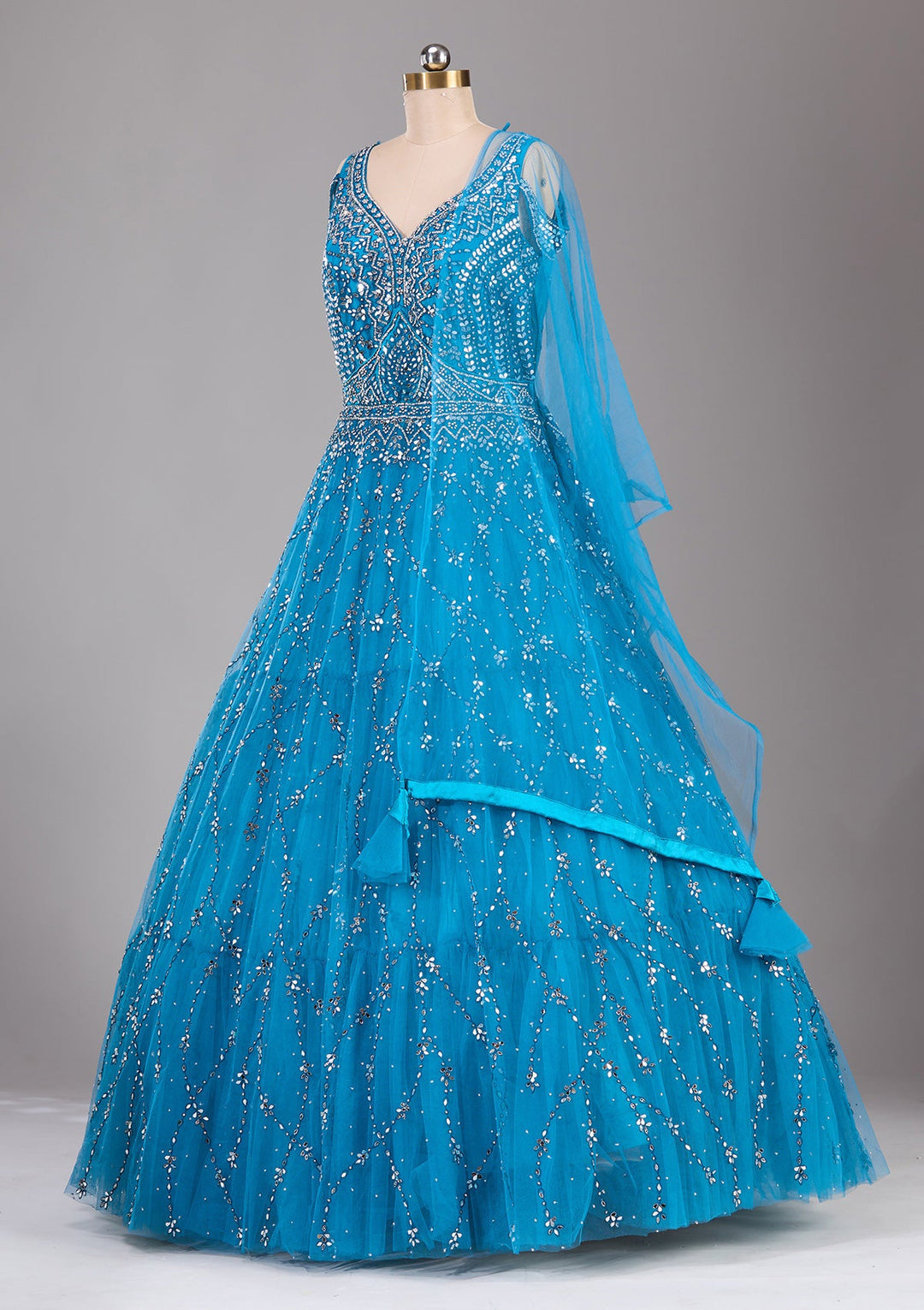 Peacock Blue Silver Stonework Net Readymade Lehenga-Koskii