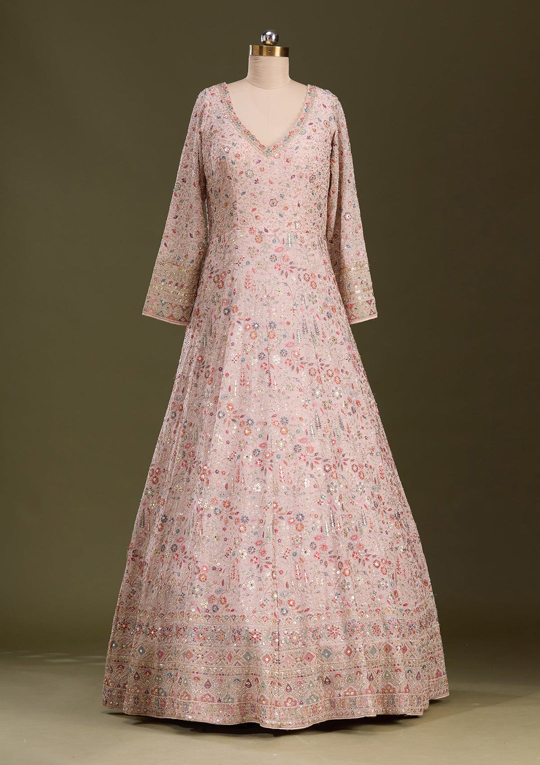 Peach Threadwork Georgette Readymade Lehenga-Koskii