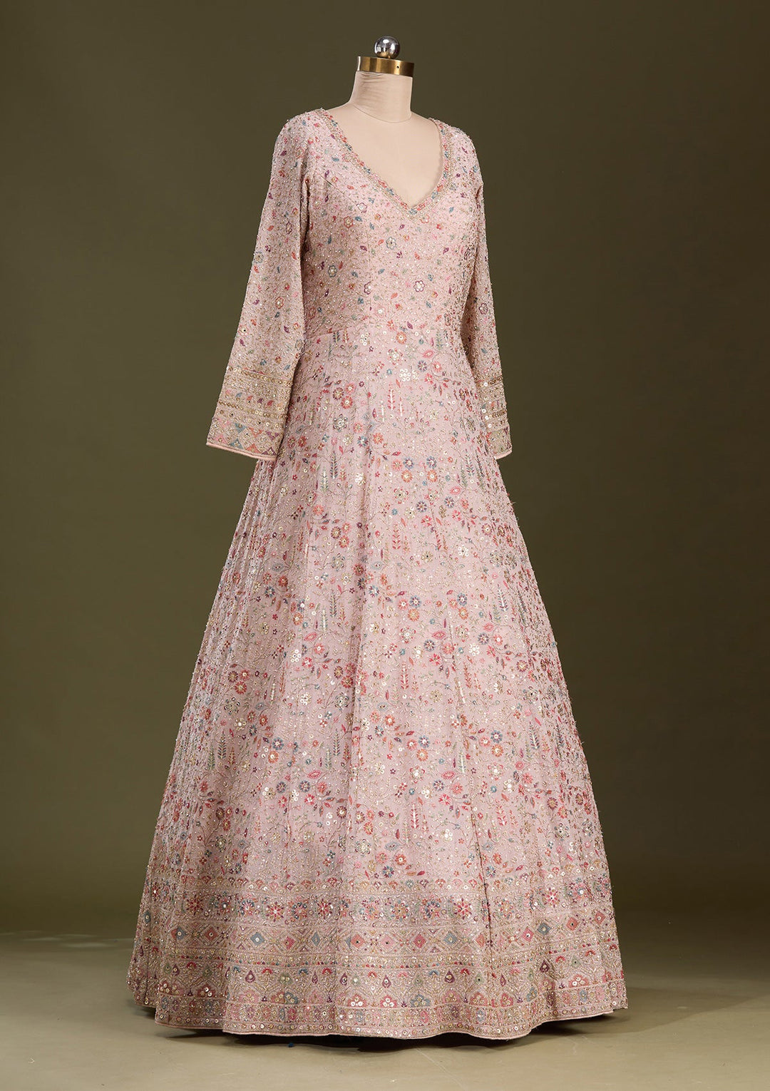 Peach Threadwork Georgette Readymade Lehenga-Koskii