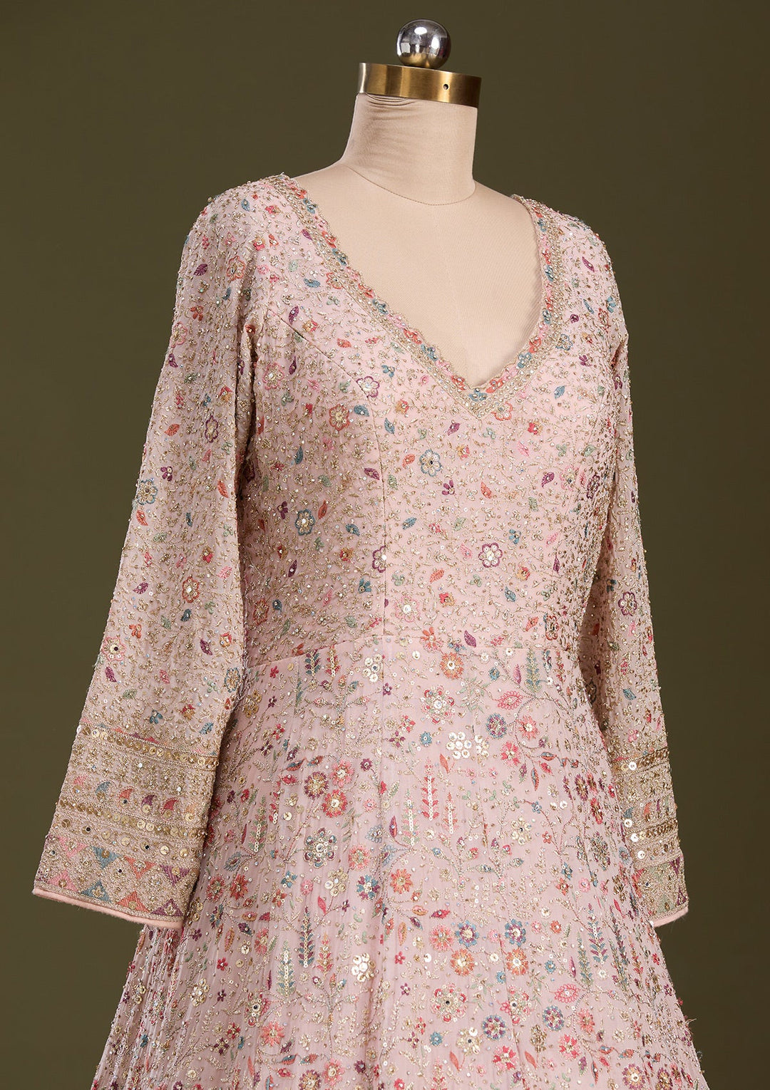 Peach Threadwork Georgette Readymade Lehenga-Koskii