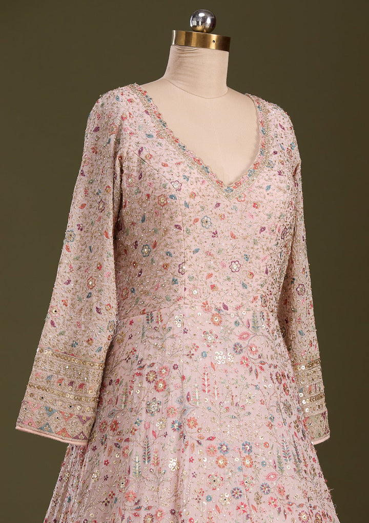 Peach Threadwork Georgette Readymade Lehenga-Koskii