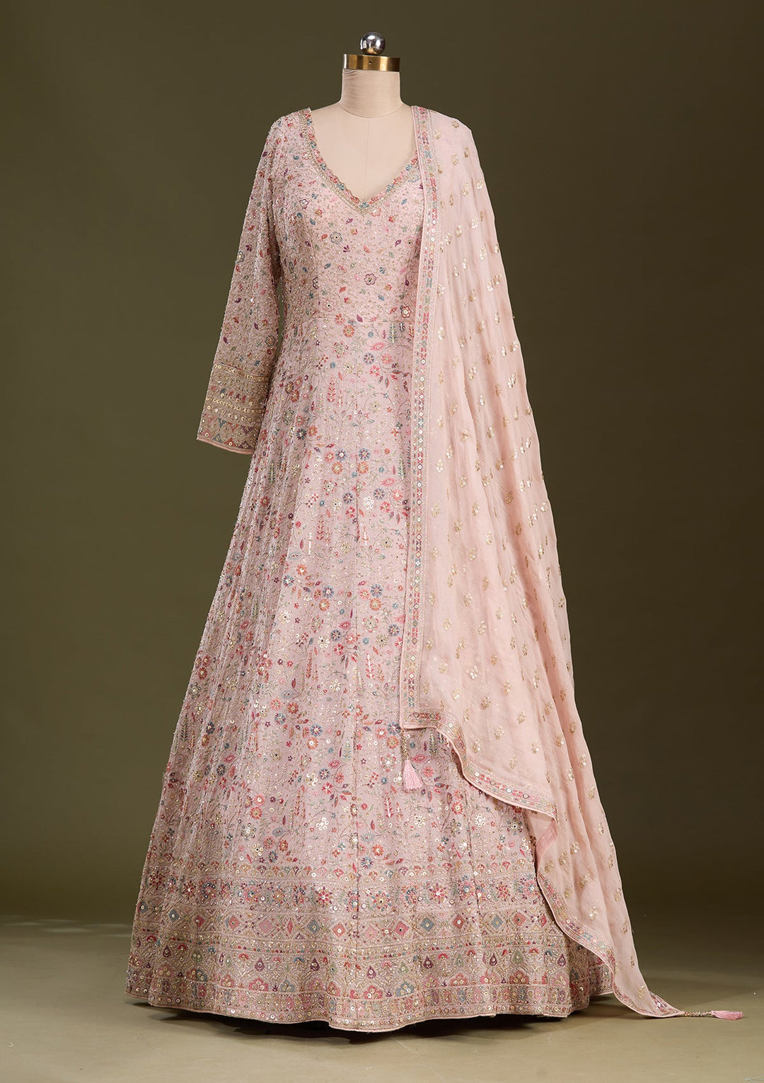 Peach Threadwork Georgette Readymade Lehenga-Koskii