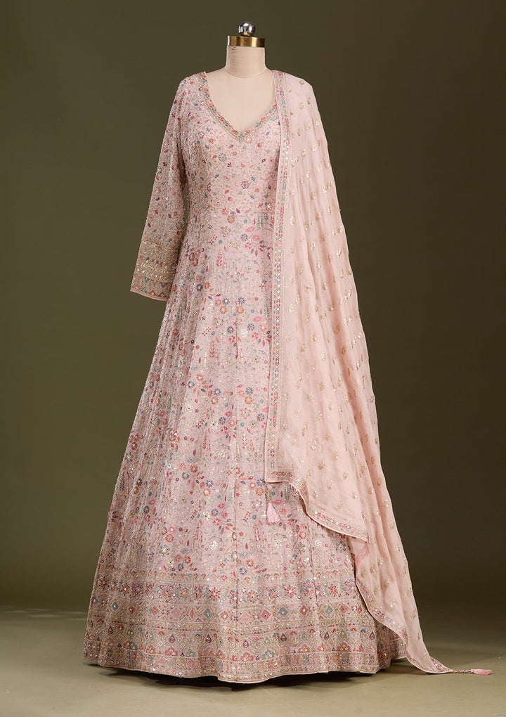 Peach Threadwork Georgette Readymade Lehenga-Koskii