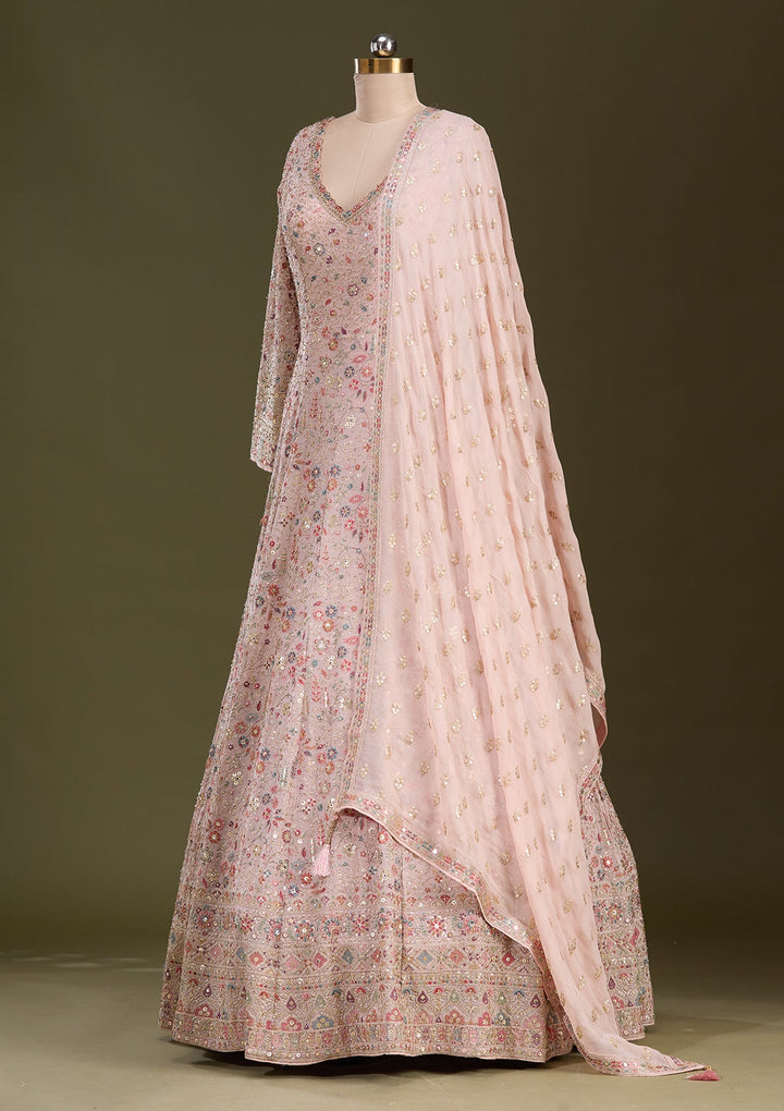 Peach Threadwork Georgette Readymade Lehenga-Koskii