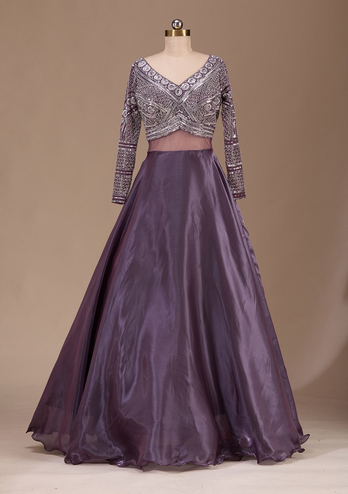 Wine Stonework Semi Crepe Readymade Lehenga-Koskii