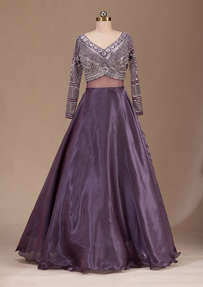 Wine Stonework Semi Crepe Readymade Lehenga-Koskii