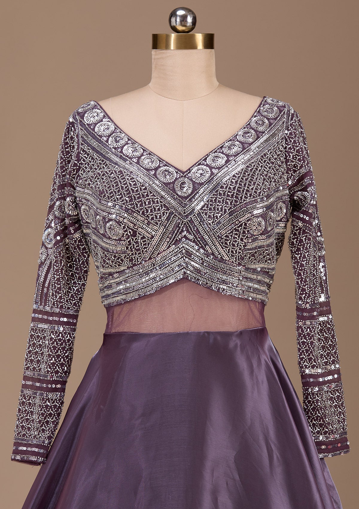 Wine Stonework Semi Crepe Readymade Lehenga-Koskii