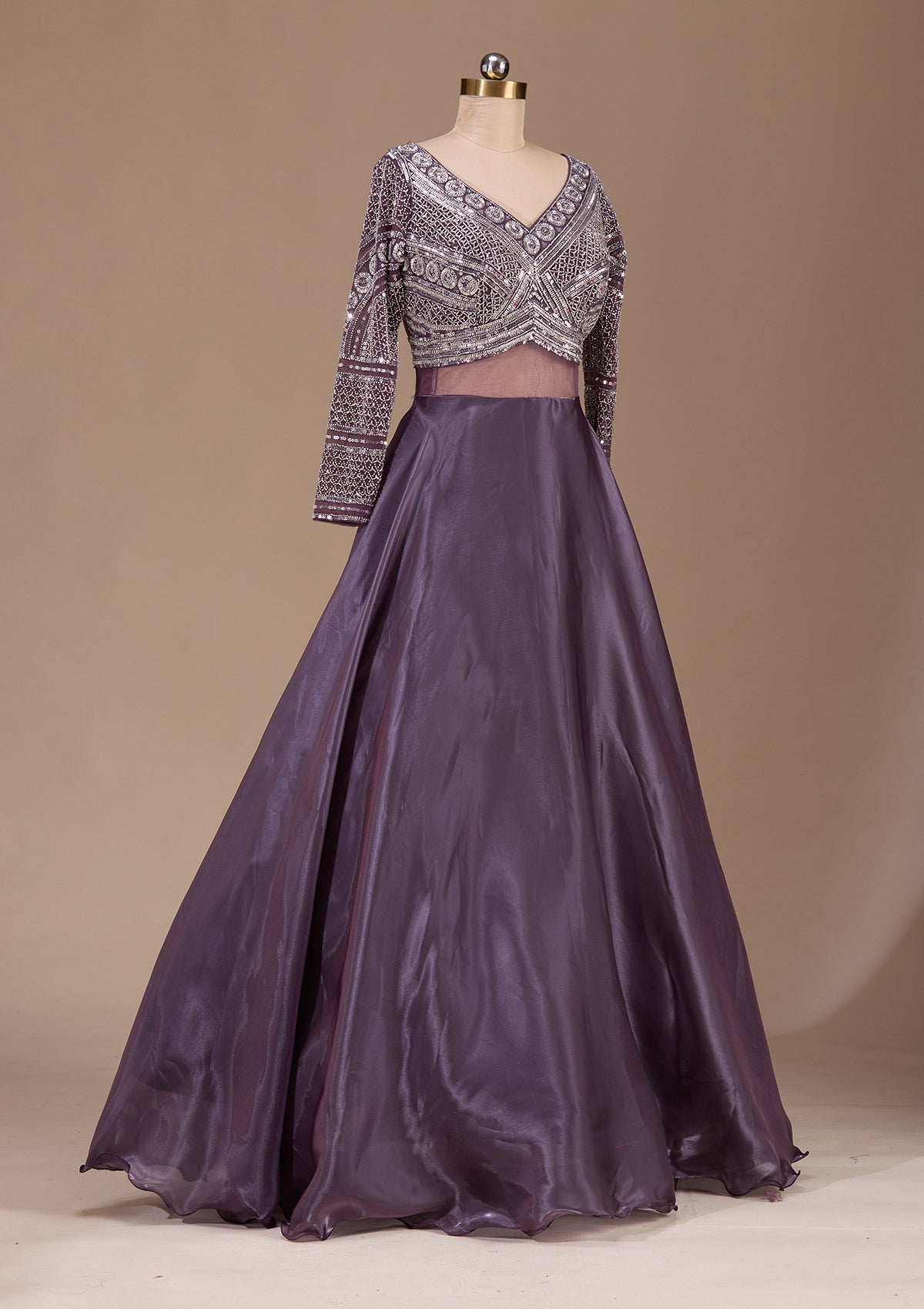 Wine Stonework Semi Crepe Readymade Lehenga-Koskii