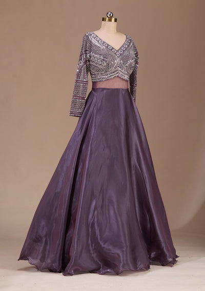 Wine Stonework Semi Crepe Readymade Lehenga-Koskii