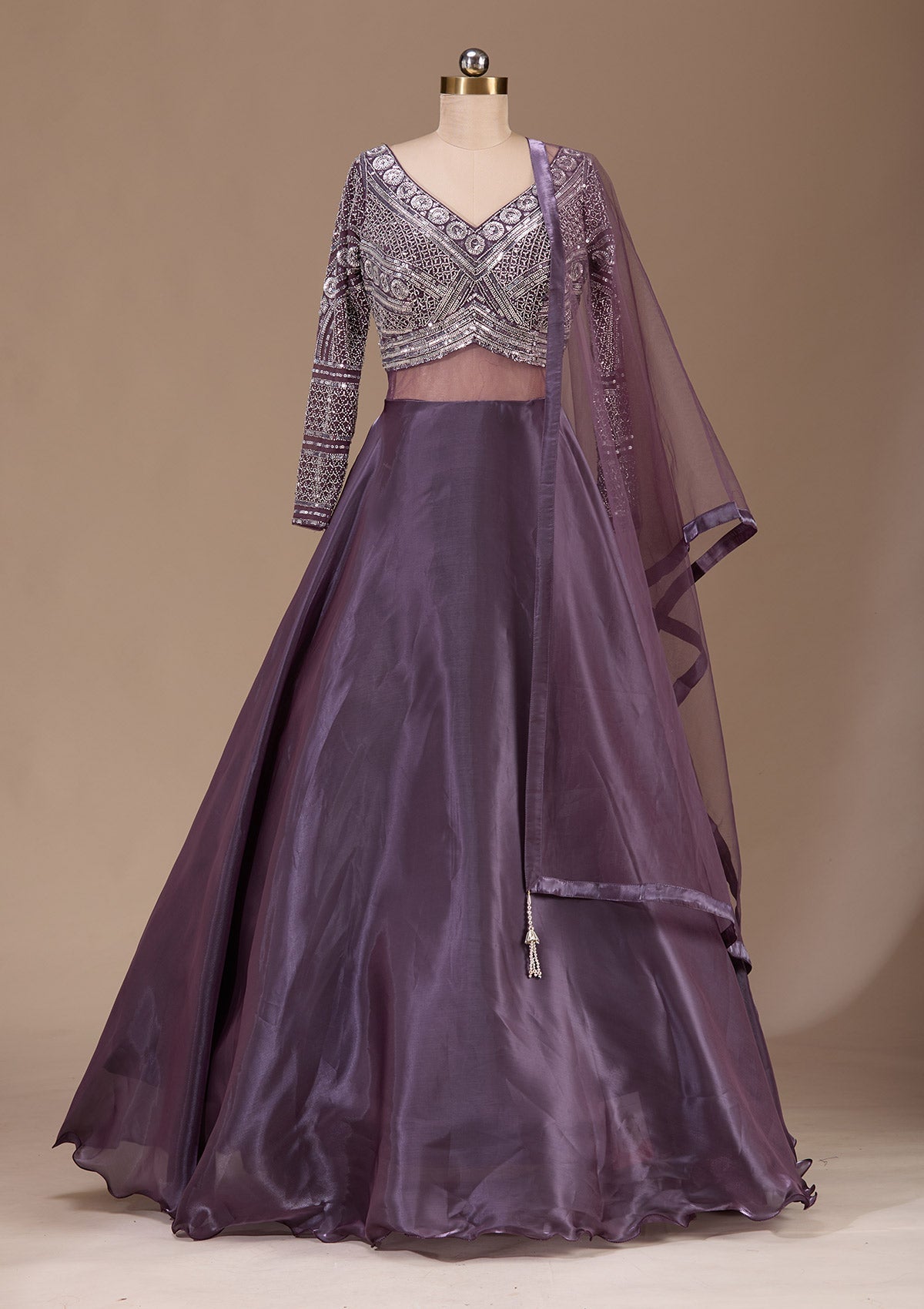Wine Stonework Semi Crepe Readymade Lehenga-Koskii