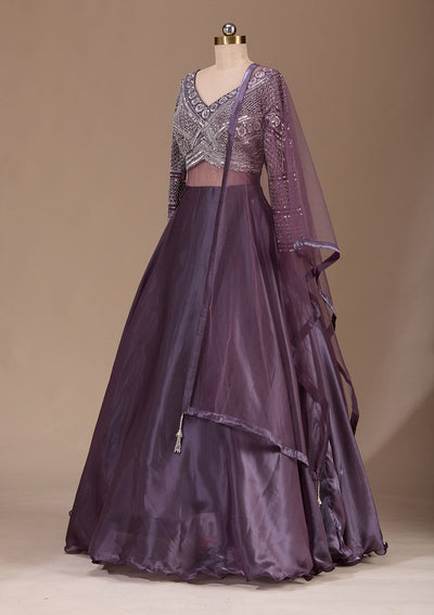 Wine Stonework Semi Crepe Readymade Lehenga-Koskii