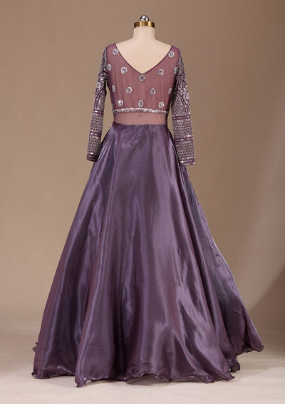 Wine Stonework Semi Crepe Readymade Lehenga-Koskii