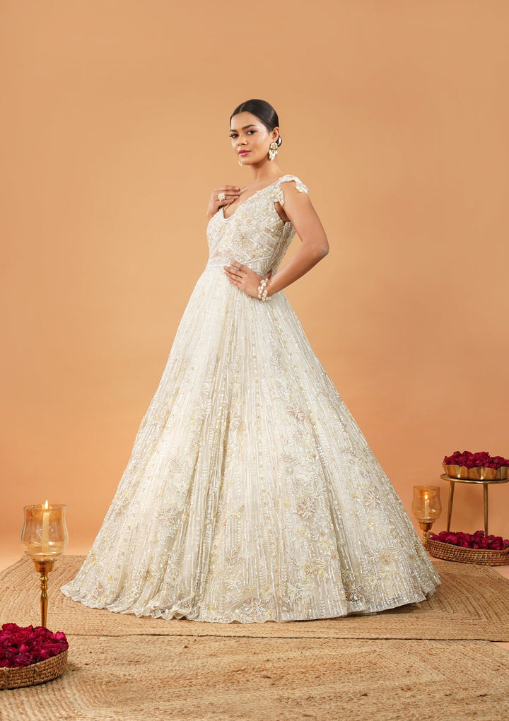 Off White Threadwork Net Gown-Koskii