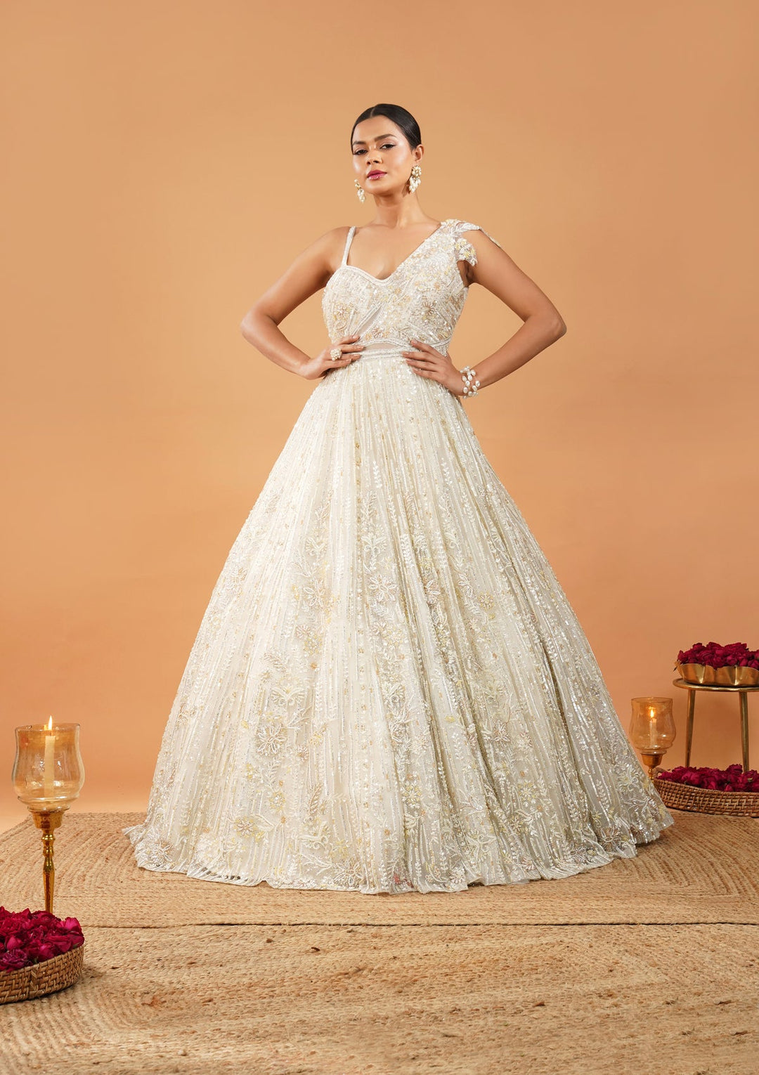 Off White Threadwork Net Gown-Koskii