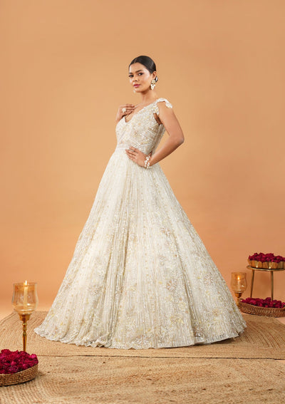Off White Threadwork Net Gown-Koskii