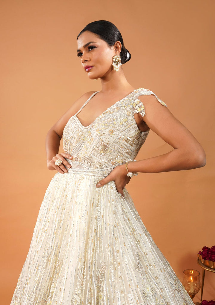 Off White Threadwork Net Gown-Koskii
