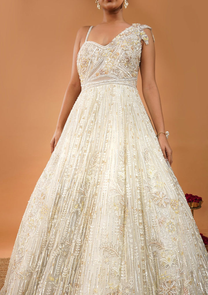 Off White Threadwork Net Gown-Koskii