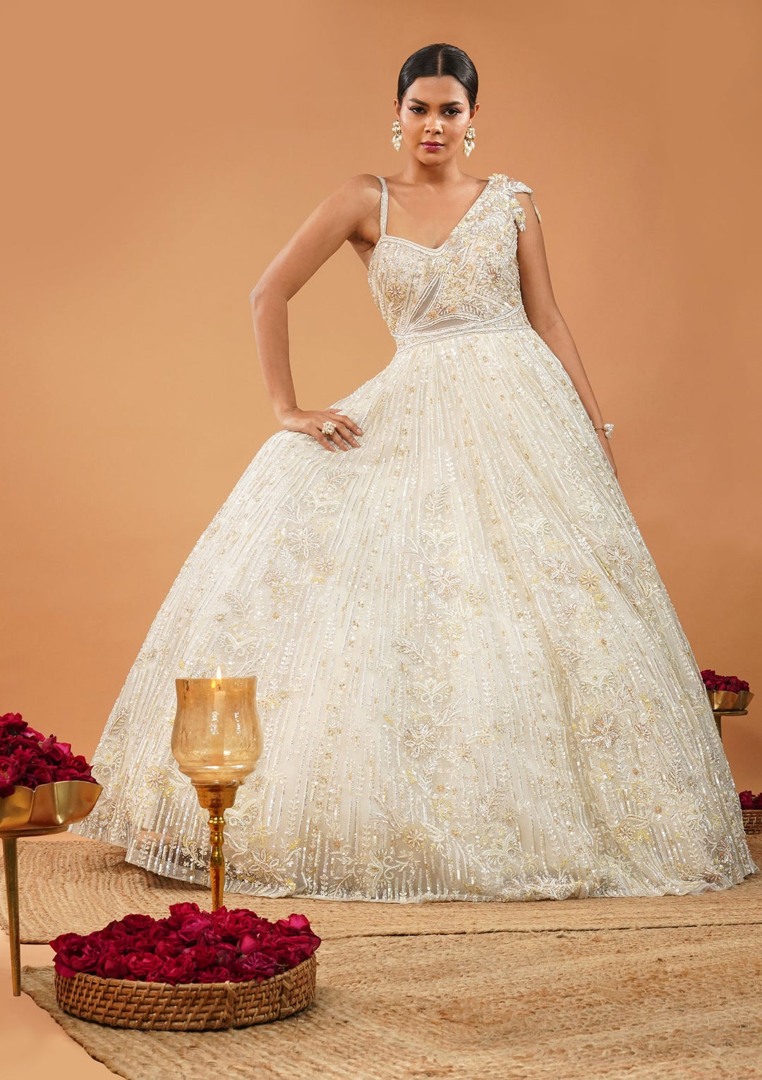 Off White Threadwork Net Gown-Koskii