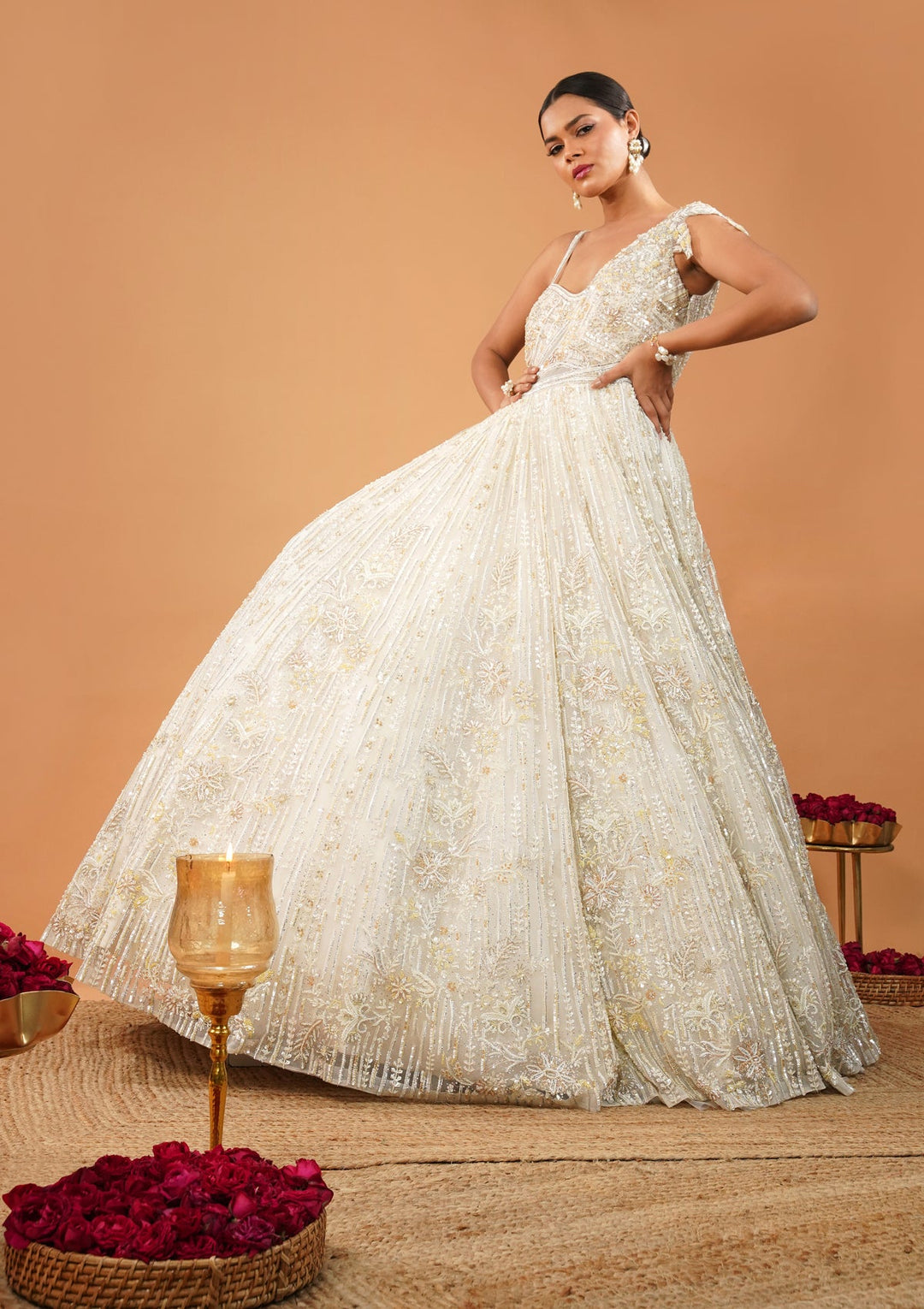 Off White Threadwork Net Gown-Koskii
