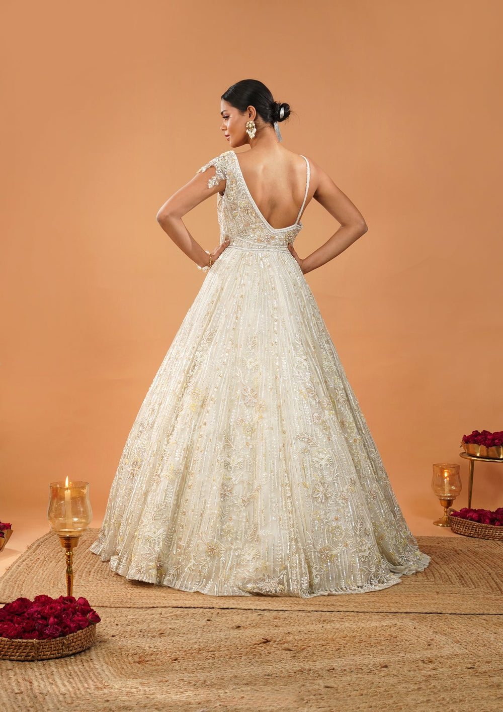 Off White Threadwork Net Gown-Koskii
