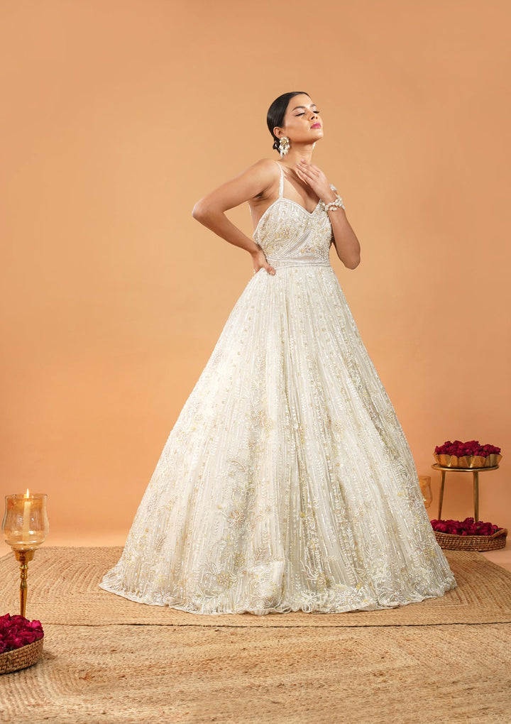 Off White Threadwork Net Gown-Koskii