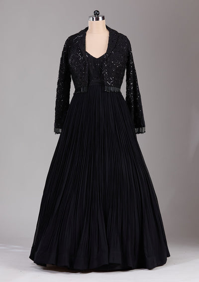 Black Stonework Satin Readymade Lehenga-Koskii