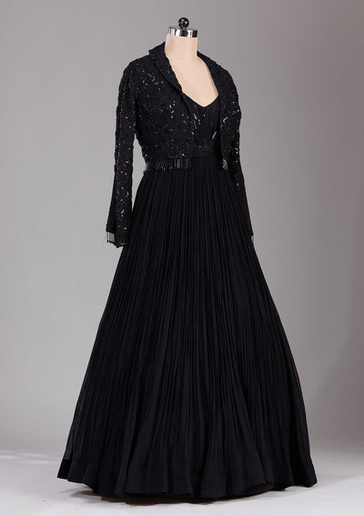Black Stonework Satin Readymade Lehenga-Koskii