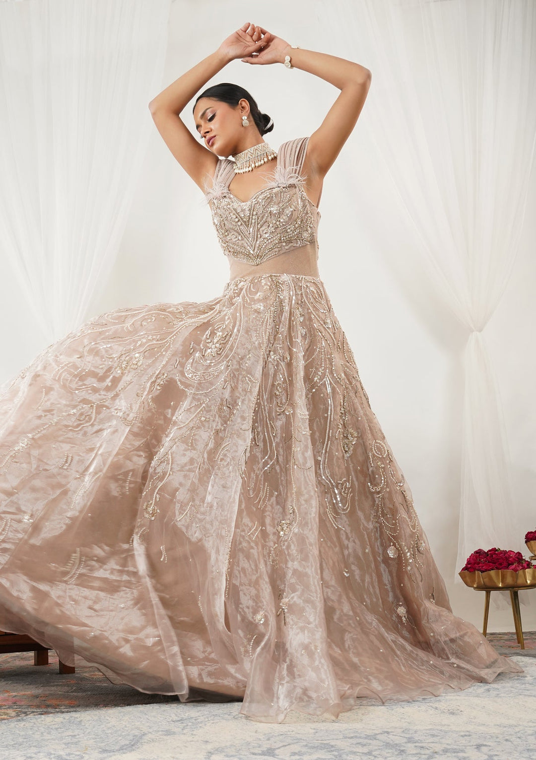 Beige Pearlwork Tissue Gown-Koskii