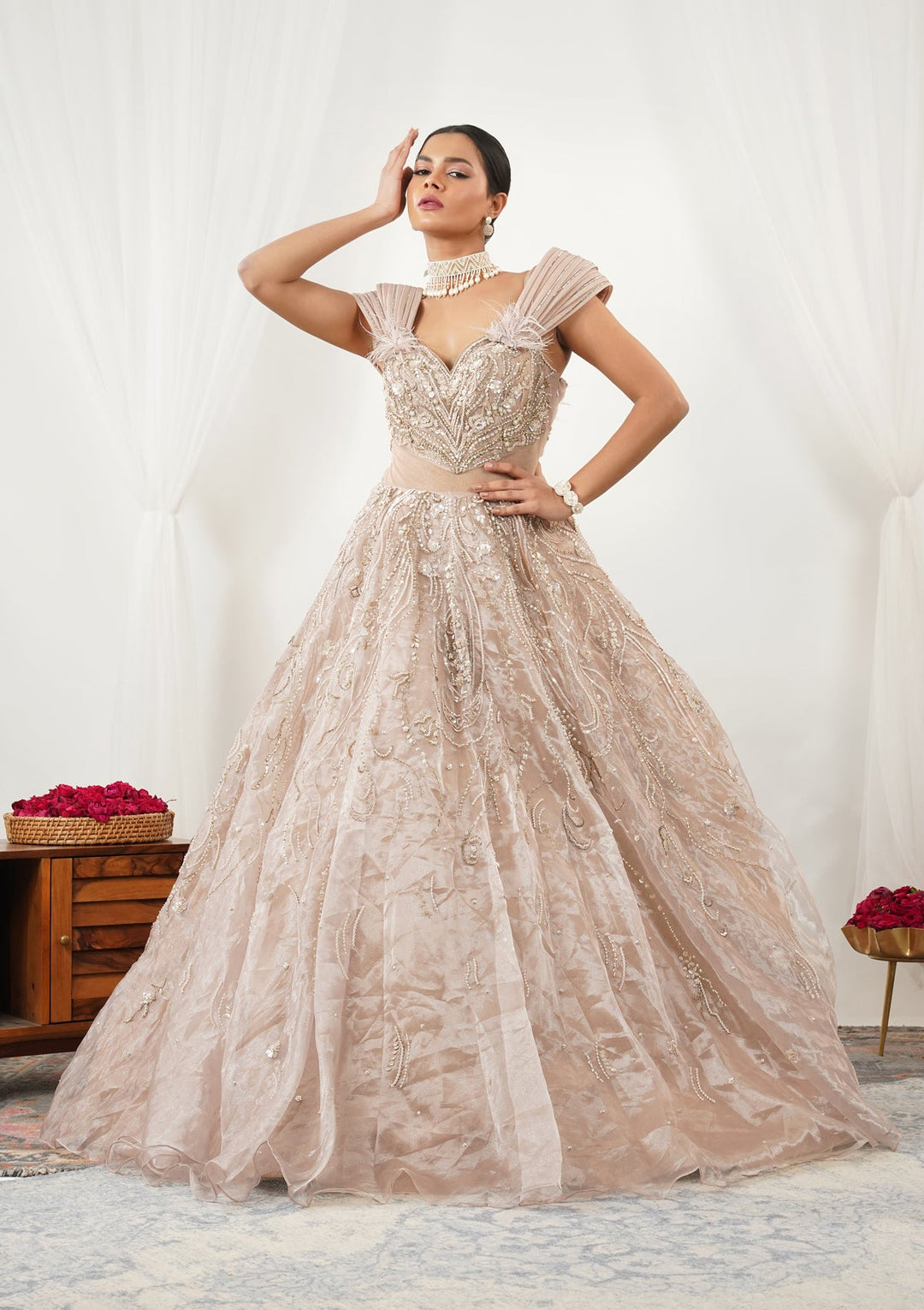 Beige Pearlwork Tissue Gown-Koskii