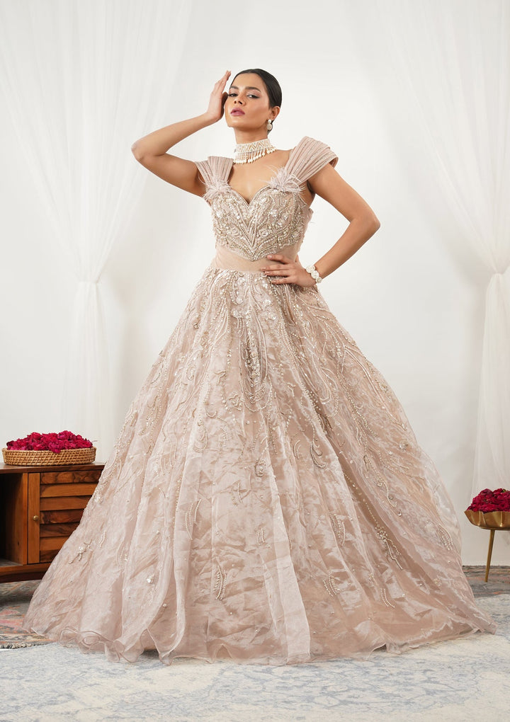 Beige Pearlwork Tissue Gown-Koskii