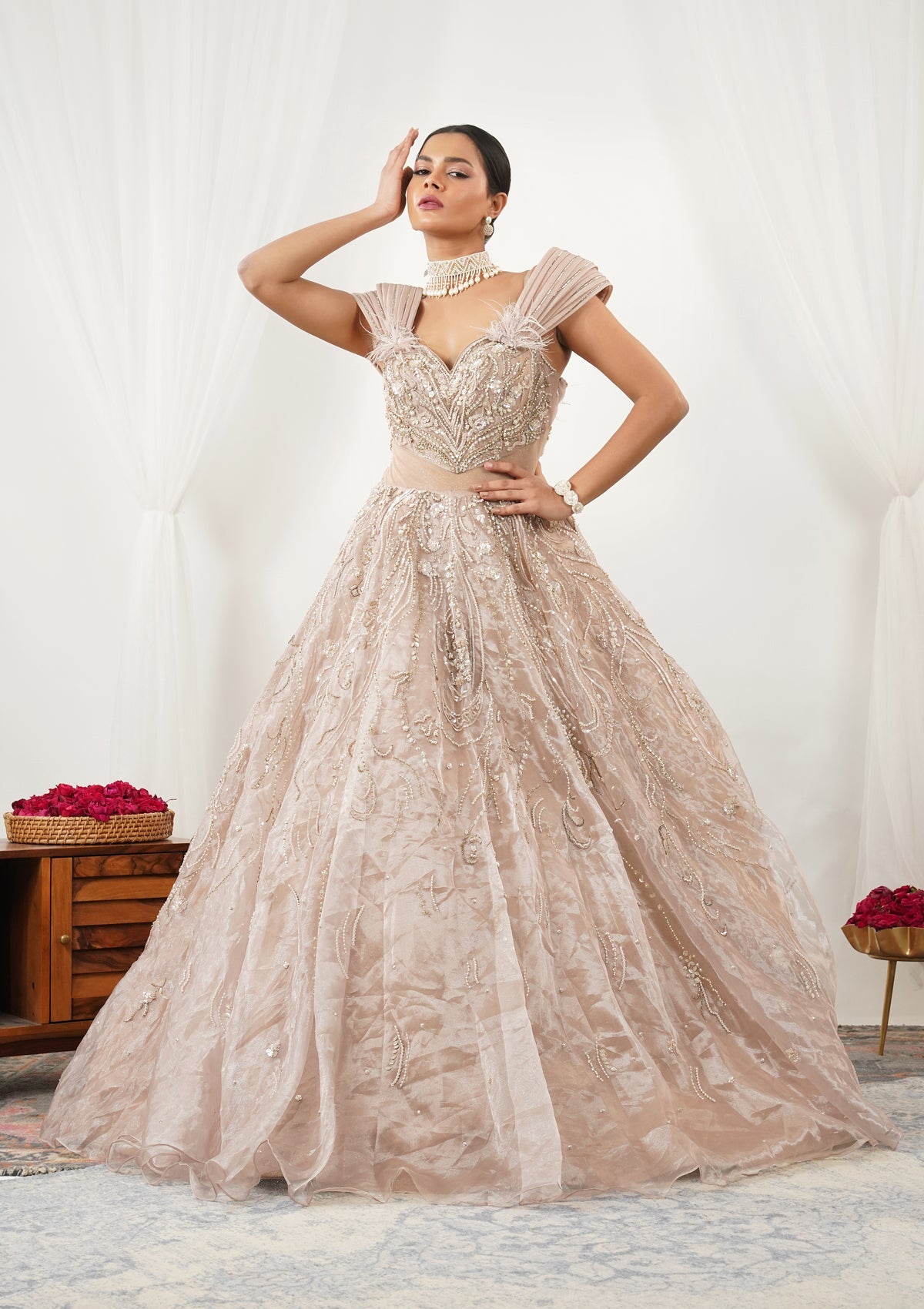 Beige Pearlwork Tissue Gown-Koskii