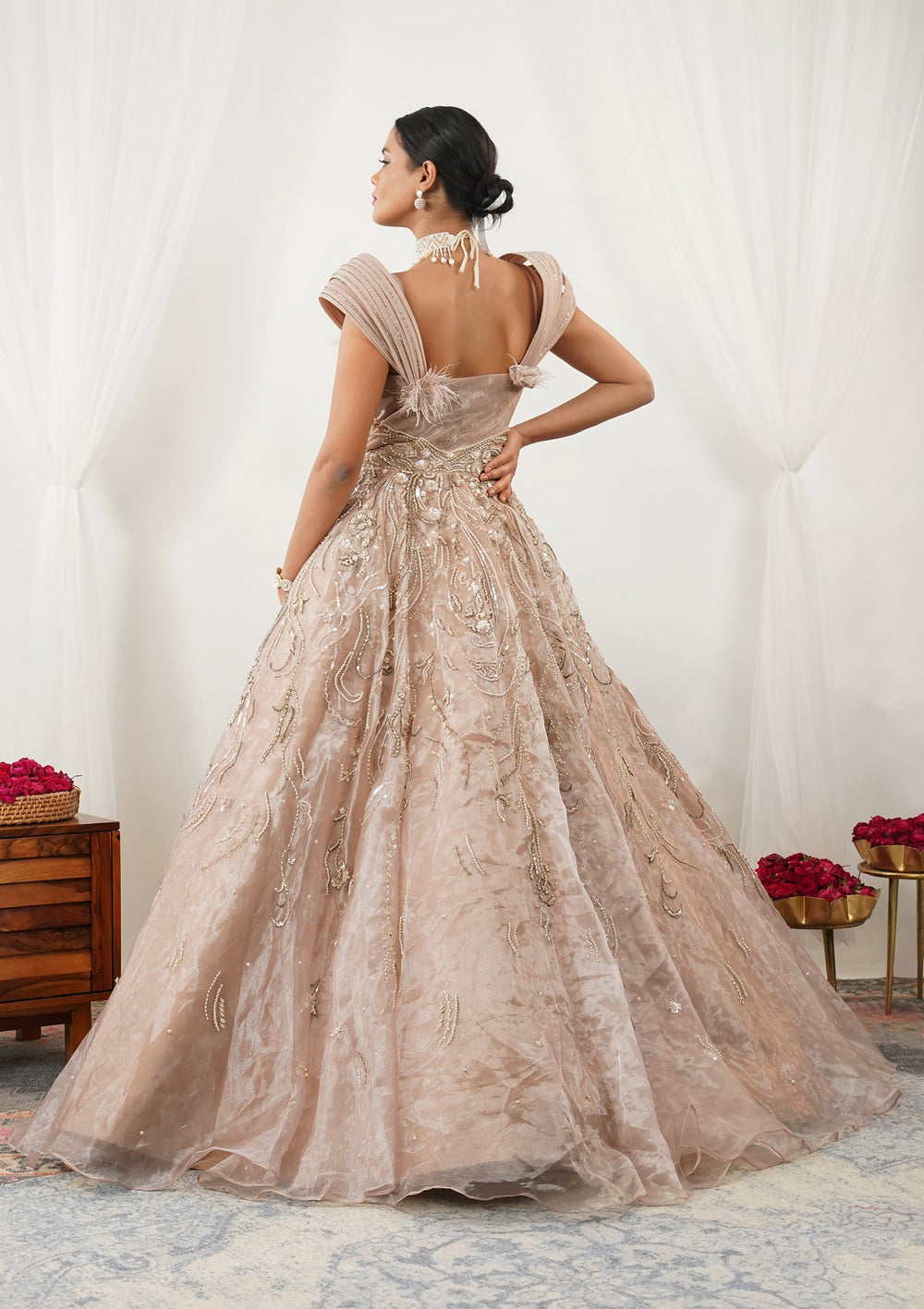 Beige Pearlwork Tissue Gown-Koskii
