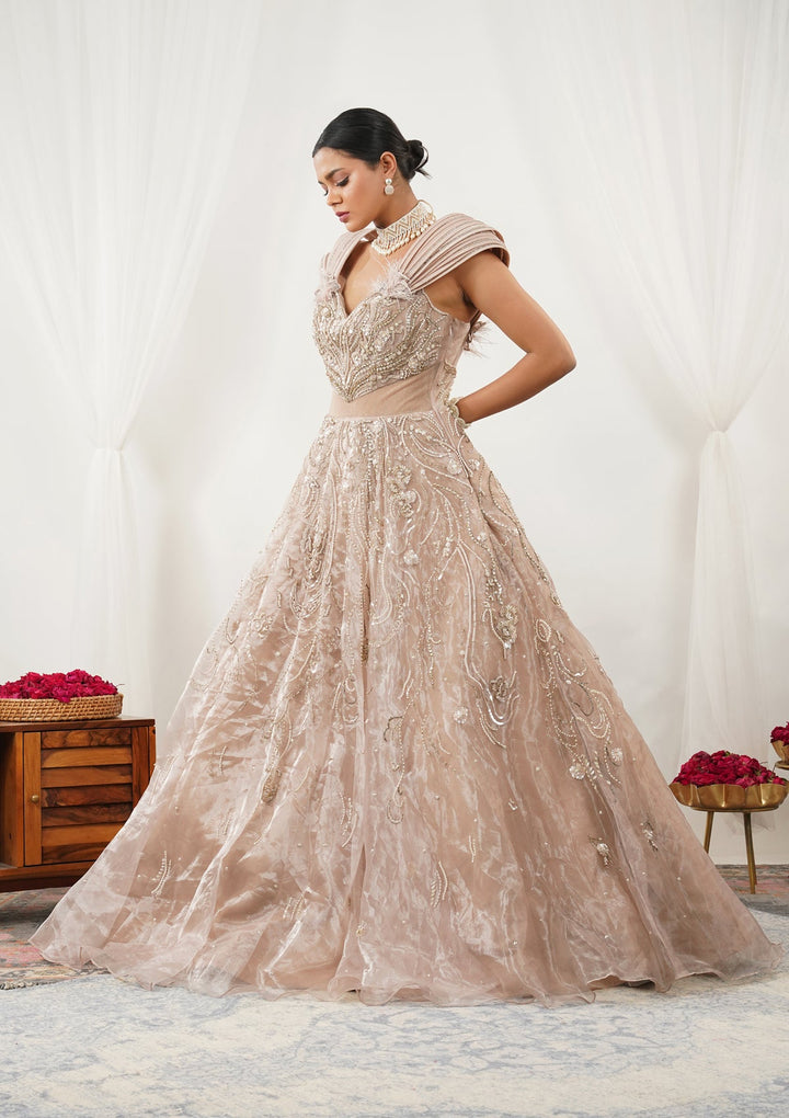 Beige Pearlwork Tissue Gown-Koskii