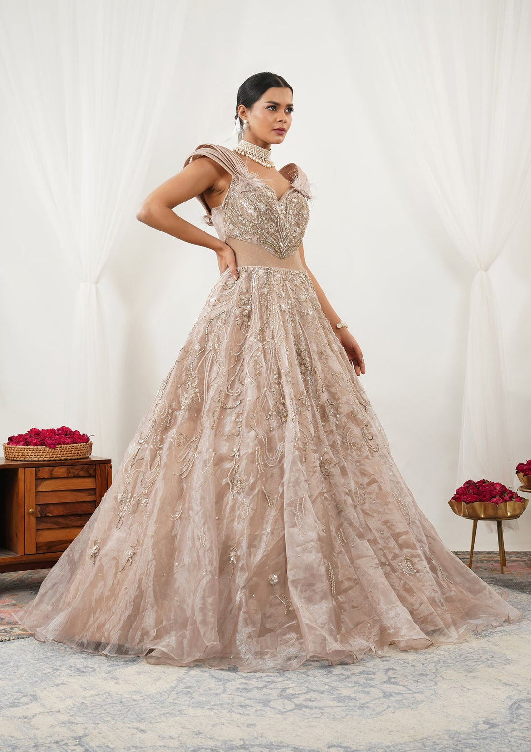 Beige Pearlwork Tissue Gown-Koskii