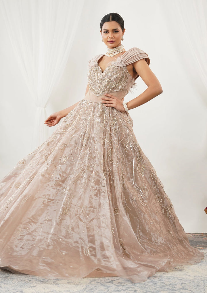 Beige Pearlwork Tissue Gown-Koskii
