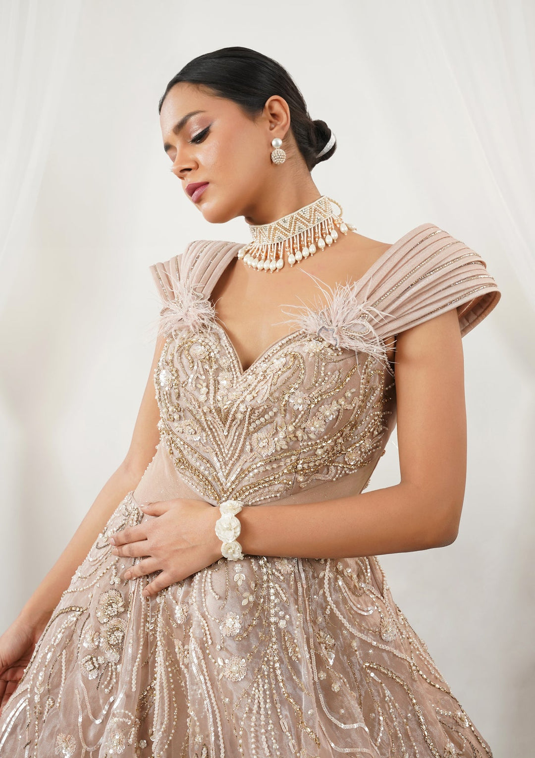 Beige Pearlwork Tissue Gown-Koskii