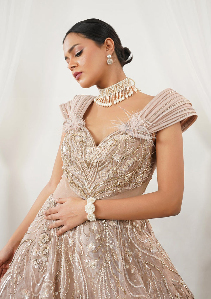 Beige Pearlwork Tissue Gown-Koskii