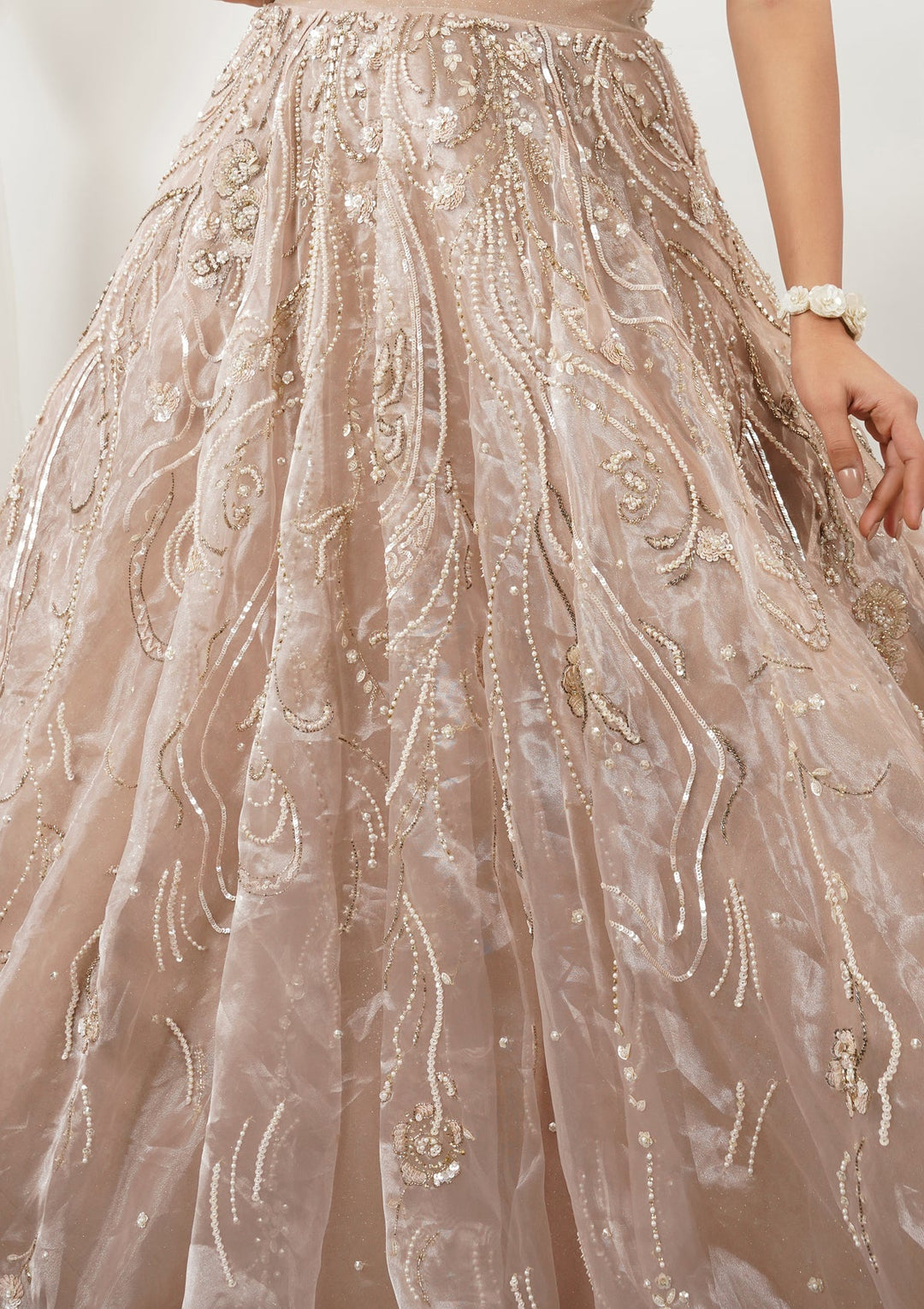 Beige Pearlwork Tissue Gown-Koskii