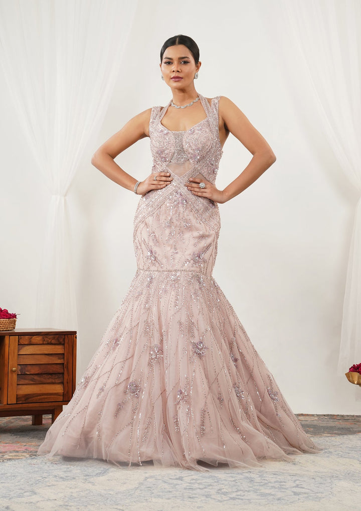 Baby Pink Stonework Net Gown-Koskii