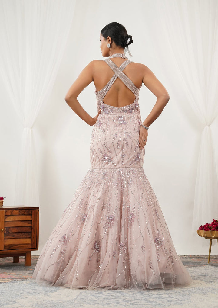 Baby Pink Stonework Net Gown-Koskii